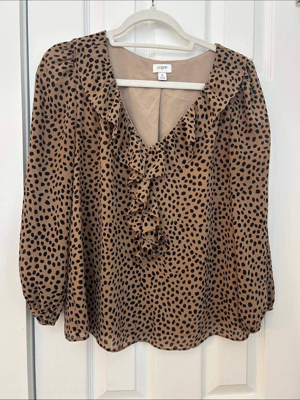 J. Crew Tan and Black Polka Dot Ruffle V-Neck Blouse